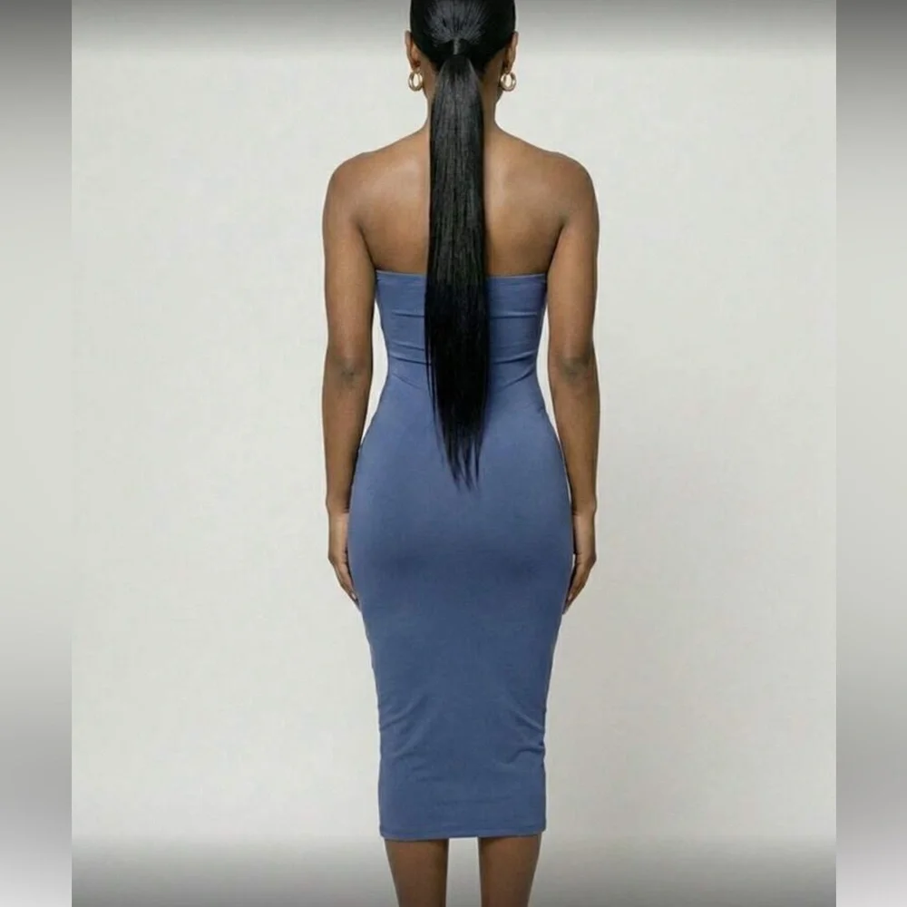 Strapless Bodycon Midi Dress in Dusty Blue - Picture 3 of 15